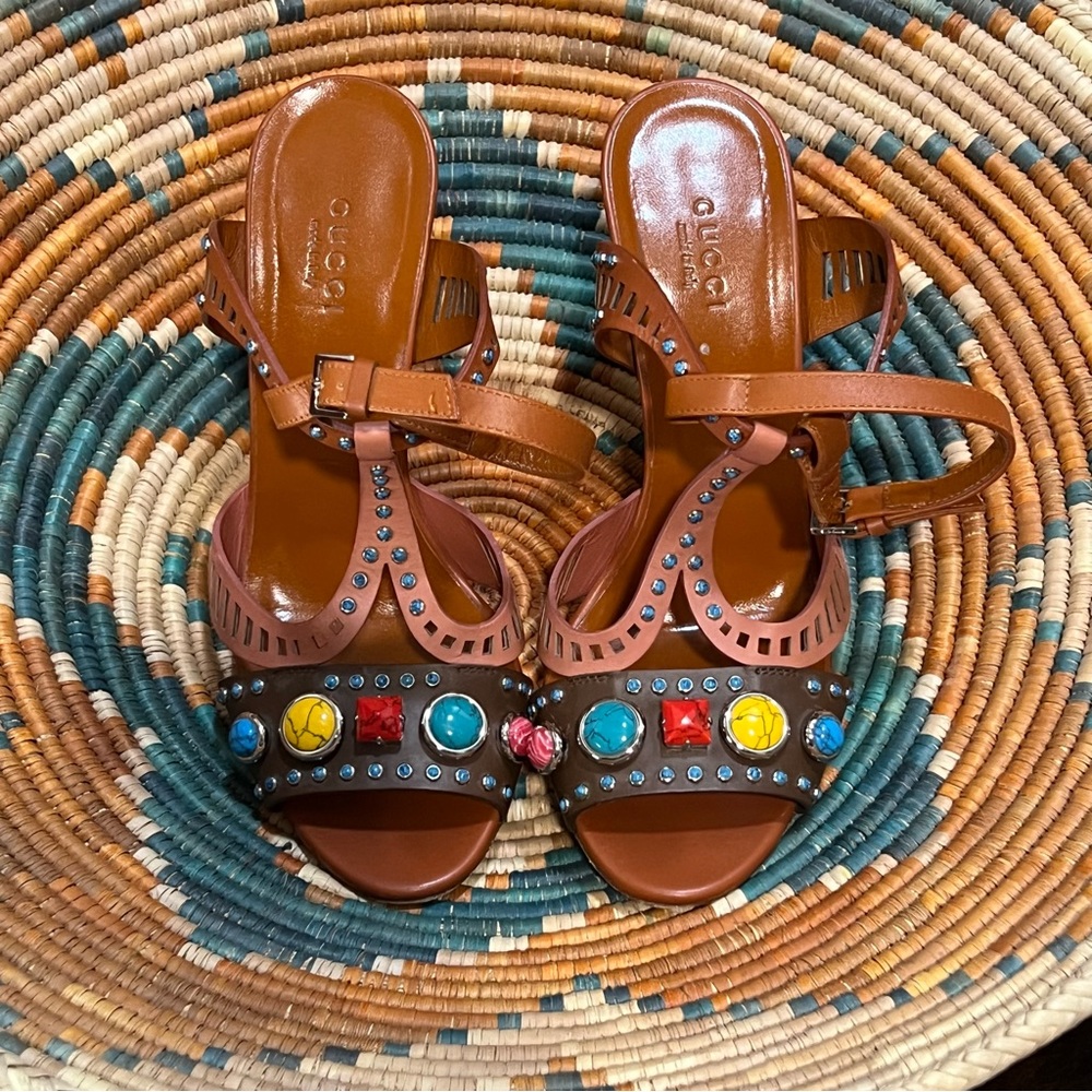 ✅ GUCCI 💯 AUTHENTIC Leather Sandals Size 37 1/2 (6.5) - Picture 2 of 10